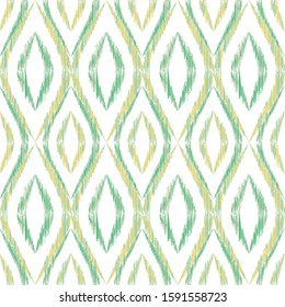 Ikat ogee seamless vector pattern design. Ethnic fabric print geometric ikat pattern. Cute ogee seamless repeating background. Tribal motifs ikat textile print design. Fashionable ornament.