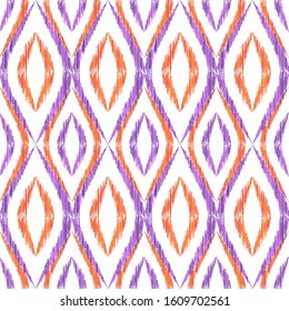 Ikat ogee seamless vector pattern design. Ethnic fabric print geometric ikat pattern. Modern ogee seamless repeating background. Ethnic motifs ikat textile print design. Indian ornament.