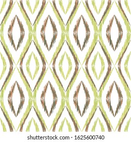 Ikat ogee seamless vector pattern illustration. Ethnic fabric print geometric ikat pattern. Cool ogee seamless repeating background. Ethnic motifs ikat textile print design. Fashion ornament.