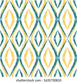 Ikat ogee seamless vector pattern design. Ethnic fabric print geometric ikat pattern. Minimal ogee seamless repeating background. Tribal motifs ikat textile print design. Fashion ornament.