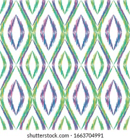 Ikat ogee seamless vector pattern design. Ethnic fabric print geometric ikat pattern. Cute ogee seamless repeating background. Ethnic motifs ikat textile print design. Clothes ornament.