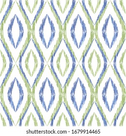 Ikat ogee seamless vector pattern design. Ethnic fabric print geometric ikat pattern. Wavy ogee seamless repeating background. Tribal motifs ikat textile print design. Pillow ornament.