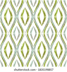 Ikat ogee seamless vector pattern illustration. Ethnic fabric print geometric ikat pattern. Cute ogee seamless repeating background. Tribal motifs ikat textile print design. Fashion ornament.