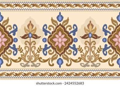 Ikat orange floral paisley embroidery on light cream color background pattern. Design for fabrics, wrapping, carpet, textiles, wallpaper, background, backdrop or whatever you want to create