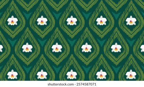 Ikat Orchid Pattern on Green bg. A striking seamless pattern featuring delicate white orchid flowers with vibrant yellow and pink centers, set against an ikat inspired green geometric design.