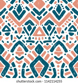 Ikat ornament. Tribal pattern in Aztec style. Hand Drawn folklore seamless pattern