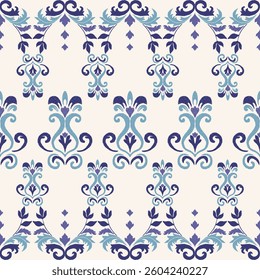 Ikat paisley abstract floral pattern. Design for textile, home decoration elements, fabric, clothing, carpet, print, curtain, cushion, cover book, embroidery, wallpaper, wrapping and background.