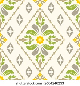 Ikat paisley abstract floral pattern. Design for textile, home decoration elements, fabric, clothing, carpet, print, curtain, cushion, cover book, embroidery, wallpaper, wrapping and background.