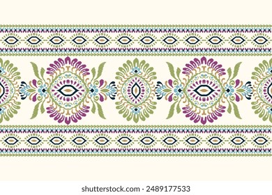 Patrón de diseño Ikat Paisley sobre fondo blanco Ilustración vectorial. Ikat étnico oriental bordado tradicional. Estilo azteca, fondo abstracto. Diseño para textura, tela, ropa, decoración, impresión.