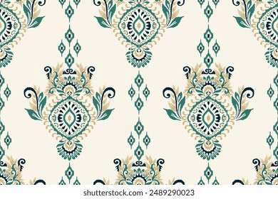 Ikat paisley design seamless pattern on white background vector illustration.Ikat ethnic oriental embroidery traditional.Aztec style,abstract background.design for texture,fabric,clothing,decoration.