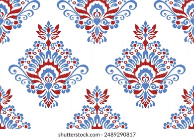 Ikat paisley design seamless pattern on white background vector illustration.Ikat ethnic oriental embroidery traditional.Aztec style,abstract background.design for texture,fabric,clothing,decoration.