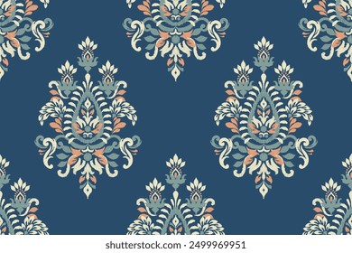 Ikat paisley design seamless pattern on blue background vector illustration.Ikat ethnic oriental embroidery traditional.Aztec style,abstract background.design for texture,fabric,clothing,decoration.