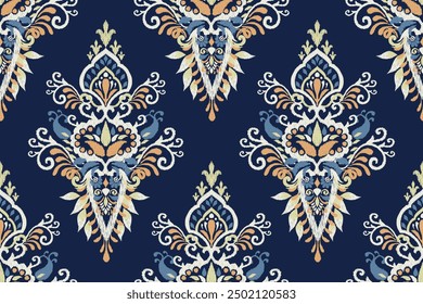 Ikat paisley diseño sin patrón sobre fondo azul marino Ilustración vectorial. Ikat bordado oriental étnico tradicional. Estilo azteca, fondo abstracto. diseño para textura, tela, ropa, impresión.