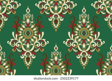 Ikat paisley design seamless pattern on green background vector illustration.Ikat ethnic oriental embroidery traditional.Aztec style,abstract background.design for texture,fabric,clothing,print,sarong