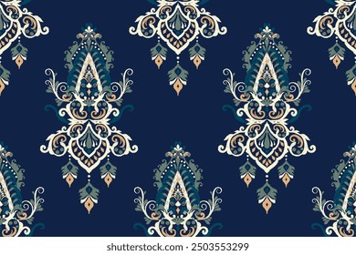 Ikat paisley design seamless pattern on navy blue background vector illustration.Ikat ethnic oriental embroidery traditional.Aztec style,abstract background.design for texture,fabric,clothing,print.