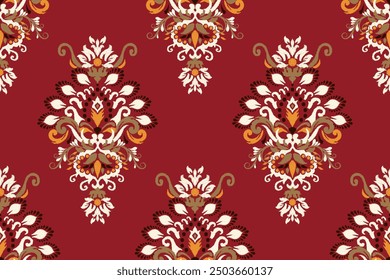 Ikat paisley design seamless pattern on red background vector illustration.Ikat ethnic oriental embroidery traditional.Aztec style,abstract background.design for texture,fabric,clothing,print,saree.