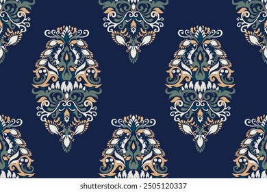 Ikat paisley diseño sin patrón sobre fondo azul marino Ilustración vectorial. Ikat bordado oriental étnico tradicional. Estilo azteca, fondo abstracto. diseño para textura, tela, ropa, impresión.