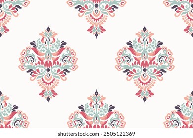 Ikat paisley design seamless pattern on white background vector illustration.Ikat ethnic oriental embroidery traditional.Aztec style,abstract background.design for texture,fabric,clothing,print,saree.