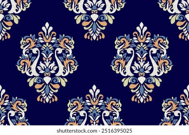 Ikat paisley design seamless pattern on navy blue background vector illustration.Ikat ethnic oriental embroidery traditional.Aztec style,abstract background.design for texture,fabric,clothing,print.