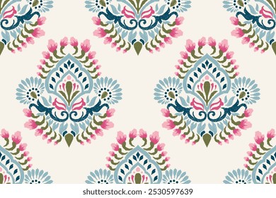 Ikat paisley design seamless pattern on white background vector illustration.Ikat ethnic oriental embroidery traditional.Aztec style,abstract background.design for texture,fabric,clothing,decoration.