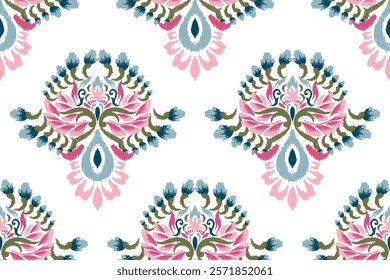 Ikat paisley design seamless pattern on white background vector illustration.Ikat ethnic oriental embroidery traditional.Aztec style,abstract background.design for texture,fabric,clothing,decoration.