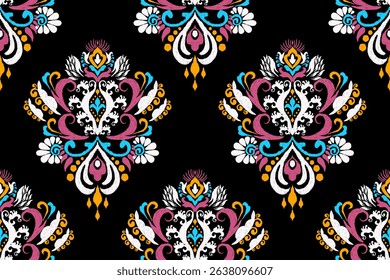 Ikat paisley design seamless pattern on black background vector illustration.Ikat ethnic oriental embroidery traditional.Aztec style,abstract background.design for texture,fabric,clothing,decoration.