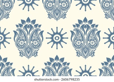 Ikat Paisley designed seamless pattern background vector illustrations. Ikat ethnic oriental embroidery traditional.Aztec style, abstract background, design for texture, fabric, clothing, decorations.