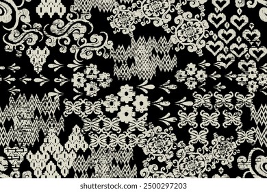 Ikat paisley bordado en la tela en Indonesia, India y países asiáticos. patrón geométrico oriental sin costuras. estilo azteca. ilustración. diseño para textura, tela, ropa, envoltura, alfombra.