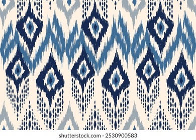 Ikat paisley bordado en la tela en Indonesia, India y países asiáticos. patrón geométrico oriental sin costuras. estilo azteca. ilustración. diseño para textura, tela, ropa, envoltura, alfombra	