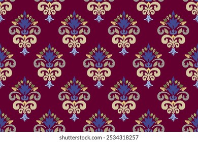 Ikat paisley embroidery on the fabric in Indonesia,India and asian countries, background, curtain, carpet, wallpaper, clothing, wrapping, Batik, vector illustration.