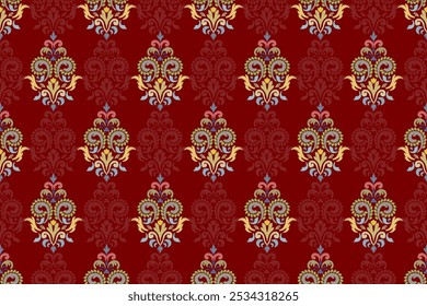 Ikat paisley embroidery on the fabric in Indonesia,India and asian countries, background, curtain, carpet, wallpaper, clothing, wrapping, Batik, vector illustration.