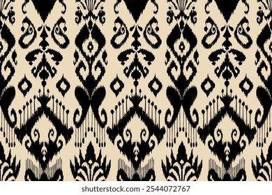 Ikat paisley bordado en la tela en Indonesia, India y países asiáticos. patrón geométrico oriental sin costuras. estilo azteca. ilustración. diseño para textura, tela, ropa, envoltura, alfombra