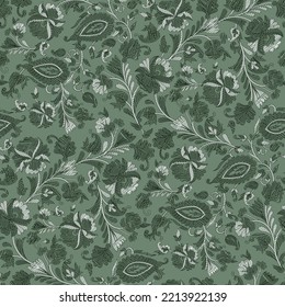 ikat paisley seamless pattern on green background