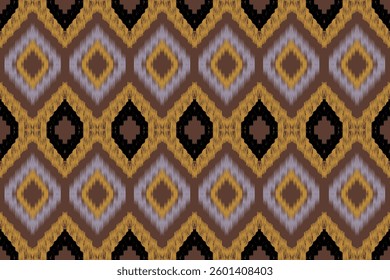 Ikat pattern background in brown, gold, and black, Seamless Ikat pattern for textile and wallpaper, Ethnic Ikat pattern design.