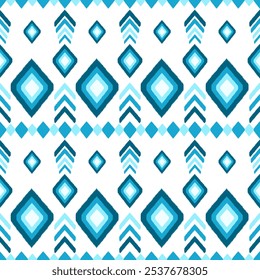 Ikat pattern blue color geometric design on white background.