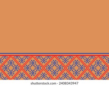 Ikat pattern blue on orange pixel handicraft embroidery machine crochet Abstract Aztec symbol illustration geometric shape vector pattern Ethic native tribal background backdrop wallpaper clothing 