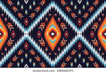 ikat pattern concept, seamless abstract graphic background with orange dark blue zigzag vector design for fabric print template, ethnic style wallpaper, ethnic cover, ikat carpet and ikat print 