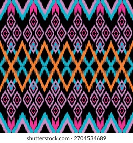 Ikat Musterkonzept zeigt traditionelle ethnische geometrische Muster, Design für Textil, Stoff, Teppich, Tapete, Kleidung, Verpackung, Batik, und dekorative Musteranwendungen für vielseitige Nutzung