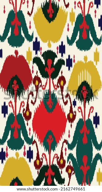 Ikat pattern - digital pattern for fabrics,\
traditional textile product in Central Asian region, old school art\
in Ferghana valley. Not seamless.\
