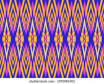 Ikat pattern as ethnic fabric. Design for fabric, wallpaper, background in colorful. Wallpaper in seamless design with crossing.Native design in geometric pattern. Aztec pattern for textile and woven.