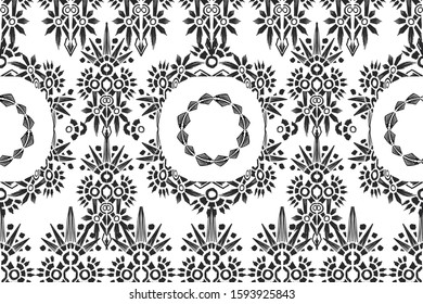 Ikat pattern etnic indian ornamental black and white illustration. Navajo motif texture ornate  design for surface print. Black and white background.
