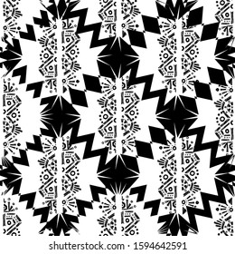 Ikat pattern etnic indian ornamental black and white illustration. Navajo motif texture ornate  design for surface print. Black and white background