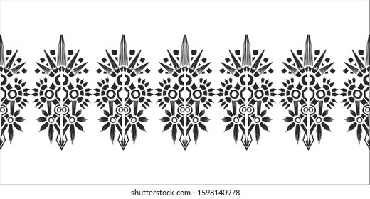 Ikat pattern etnic indian ornamental black and white illustration. Navajo motif texture ornate  design for surface print. Black and white background.