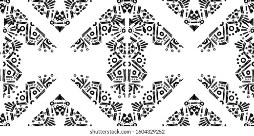Ikat pattern etnic indian ornamental black and white illustration. Navajo motif texture ornate  design for surface print. Black and white background