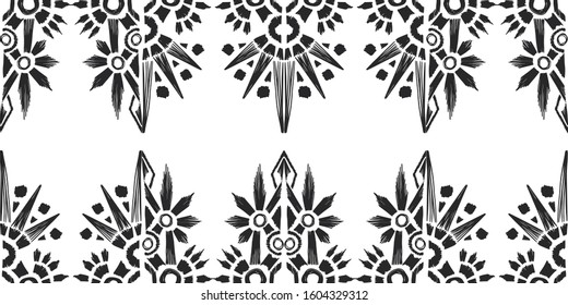 Ikat pattern etnic indian ornamental black and white illustration. Navajo motif texture ornate  design for surface print. Black and white background.