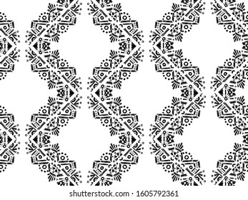 Ikat pattern etnic indian ornamental black and white illustration. Navajo motif texture ornate  design for surface print. Black and white background