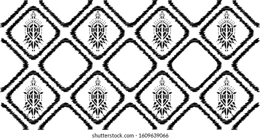 Ikat pattern etnic indian ornamental black and white illustration. Navajo motif texture ornate  design for surface print