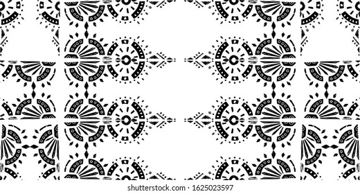 Ikat pattern etnic indian ornamental black and white illustration. Navajo motif texture ornate  design for surface print. 