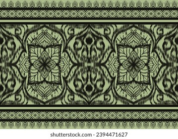 Patrón Ikat Tela Verde Negro Abstracto Símbolo Azteca Ilustración Modelo vectorial Geométrico Naturaleza Ética Trabajo Tribal Nativo Fondo de fondo Papel de escritorio Impresión Ropa textil Decorativa Moda 