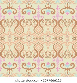 Patrón de Ikat para el diseño de la tela, fondo. Tela de Antiguas . Ikat mezclado con patrón de damasco, sin costuras.
